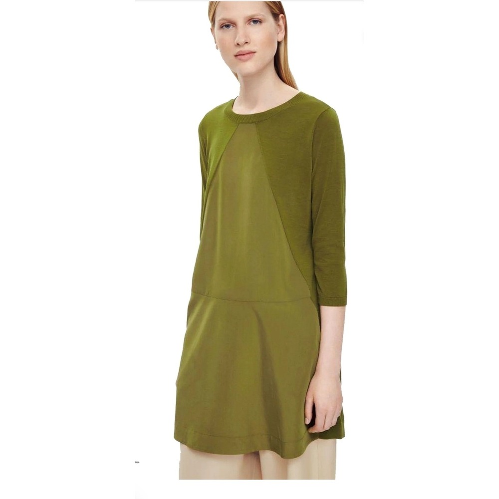 COS Moss Olive Green A-Line Triangle Midi‎ Dress Long Sleeve Minimalist XS $120